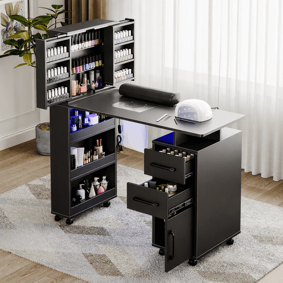 Advwin Professional Manicure Table with Extendable Nail Polish Cabinet, Dust Collector, LED Light & Wrist Rest, Rolling Nail Desk for Nail Tech, Beauty Nail Station for Home & Salon, Black