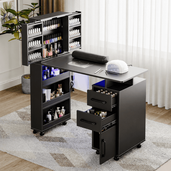 Advwin Professional Manicure Table with Extendable Nail Polish Cabinet, Dust Collector, LED Light & Wrist Rest, Rolling Nail Desk for Nail Tech, Beauty Nail Station for Home & Salon, Black