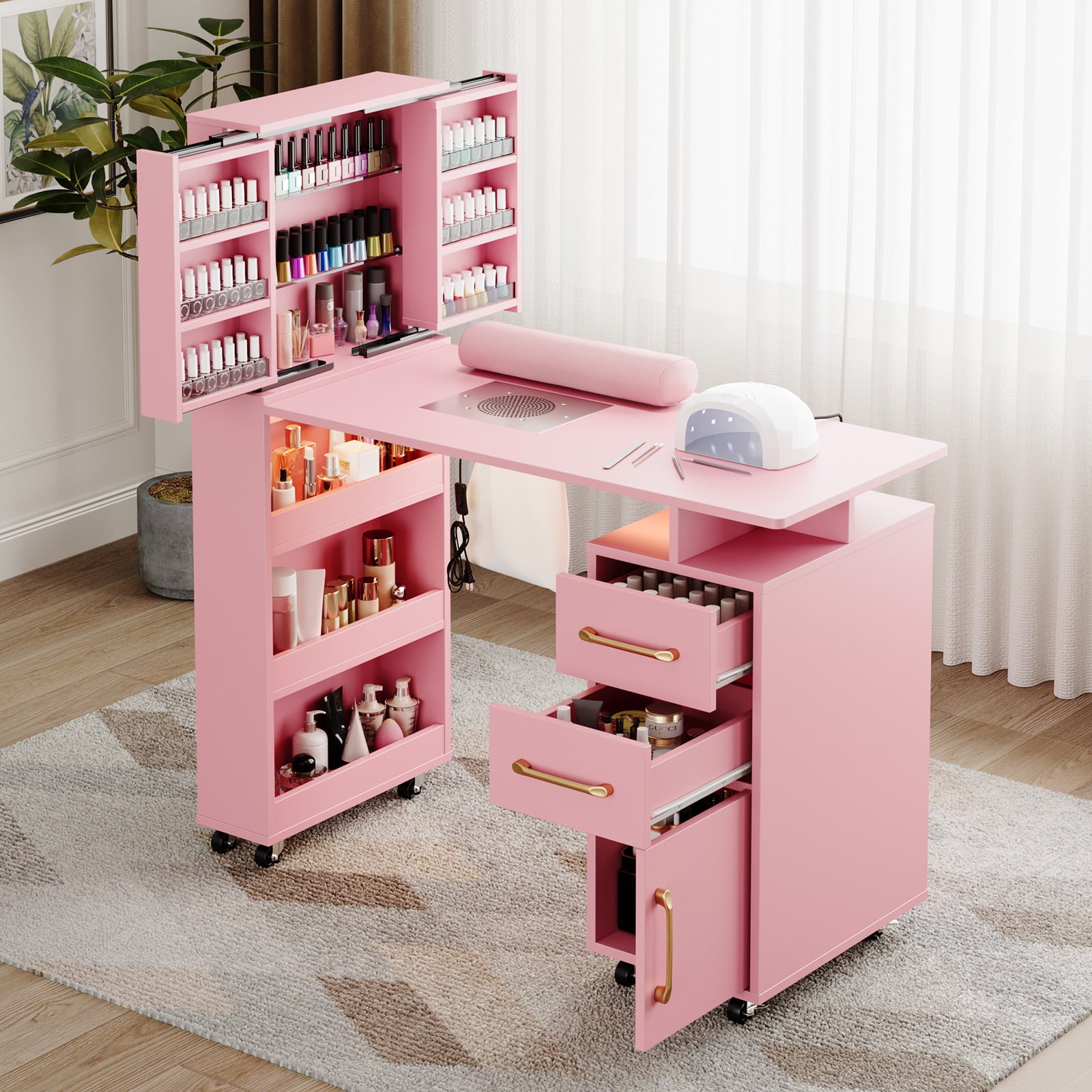 Advwin Professional Manicure Table with Extendable Nail Polish Cabinet, Dust Collector, LED Light & Wrist Rest, Rolling Nail Desk for Nail Tech, Beauty Nail Station for Home & Salon, Pink