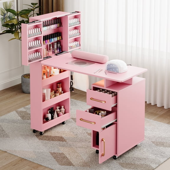 Advwin Professional Manicure Table with Extendable Nail Polish Cabinet, Dust Collector, LED Light & Wrist Rest, Rolling Nail Desk for Nail Tech, Beauty Nail Station for Home & Salon, Pink