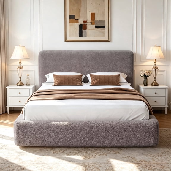 Advwin Queen Cloud Bed Frame with Headboard, Boucle Upholstered Low Platform Bed with Anti-Collision Soft Sponge Cushion & Heavy Duty Metal Frame for Bedroom, No Box Spring Needed, Gray