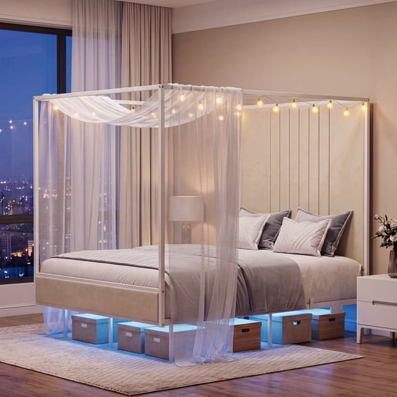 Advwin Queen Size Metal Canopy Bed Frame with Upholstered Headboard & Footboard, Floating Platform Bed with LED Lights, Charging Station, Underbed Storage, Noise-Free Support, White