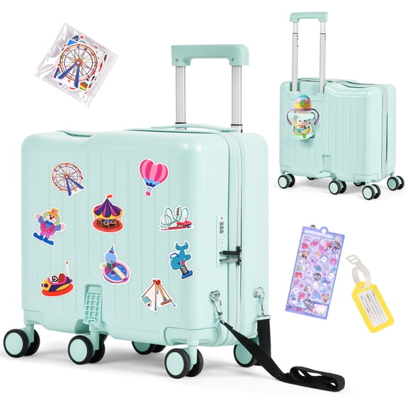 Advwin Ride-On Kids Luggage with Pull Strap, Footrests, Cup Holder, 6 Wheels & Adjustable Handle, 18-Inch Spinner Suitcase with Stickers & Boarding Pass, Green