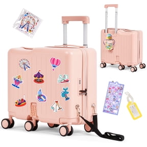 Advwin Ride-On Kids Luggage with Pull Strap, Footrests, Cup Holder, 6 Wheels & Adjustable Handle, 18-Inch Spinner Suitcase with Stickers & Boarding Pass, Pink