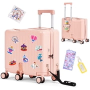 Advwin Ride-On Kids Luggage with Pull Strap, Footrests, Cup Holder, 6 Wheels & Adjustable Handle, 18-Inch Spinner Suitcase with Stickers & Boarding Pass, Pink