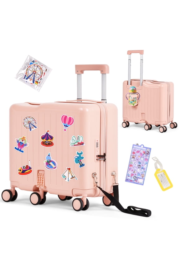 Ride-On Kids Luggage with Pull Strap, Footrests, Cup Holder, 6 Wheels & Adjustable Handle, 18-Inch Spinner Suitcase with Stickers & Boarding Pass, Pink