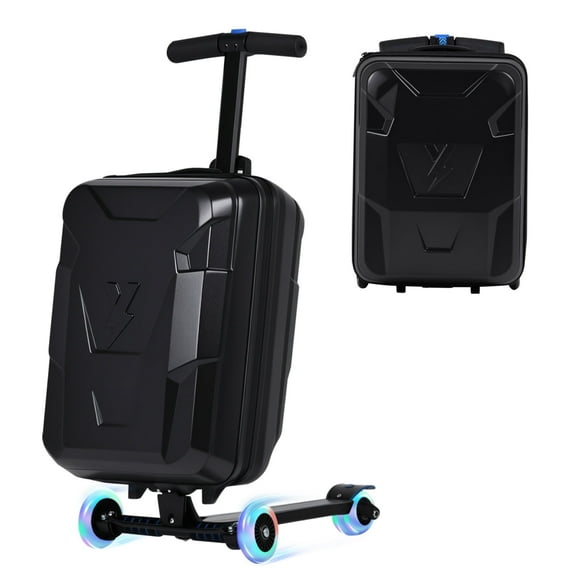 Advwin Ride-On Scooter Suitcase with LED Light-up Wheels, Hardshell Lightweight Foldable Rideable Luggage for Kids & Adults, Black