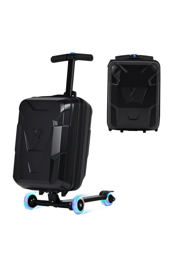 Ride-On Scooter Suitcase with LED Light-up Wheels, Hardshell Lightweight Foldable Rideable Luggage for Kids & Adults, Black
