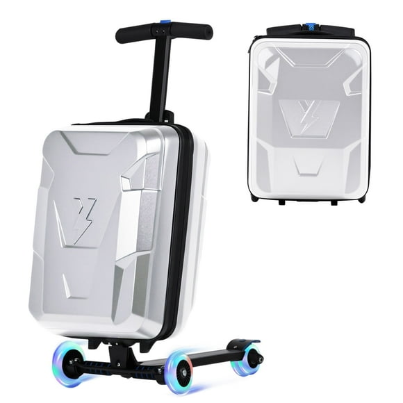 Advwin Ride-On Scooter Suitcase with LED Light-up Wheels, Hardshell Lightweight Foldable Rideable Luggage for Kids & Adults, Silver