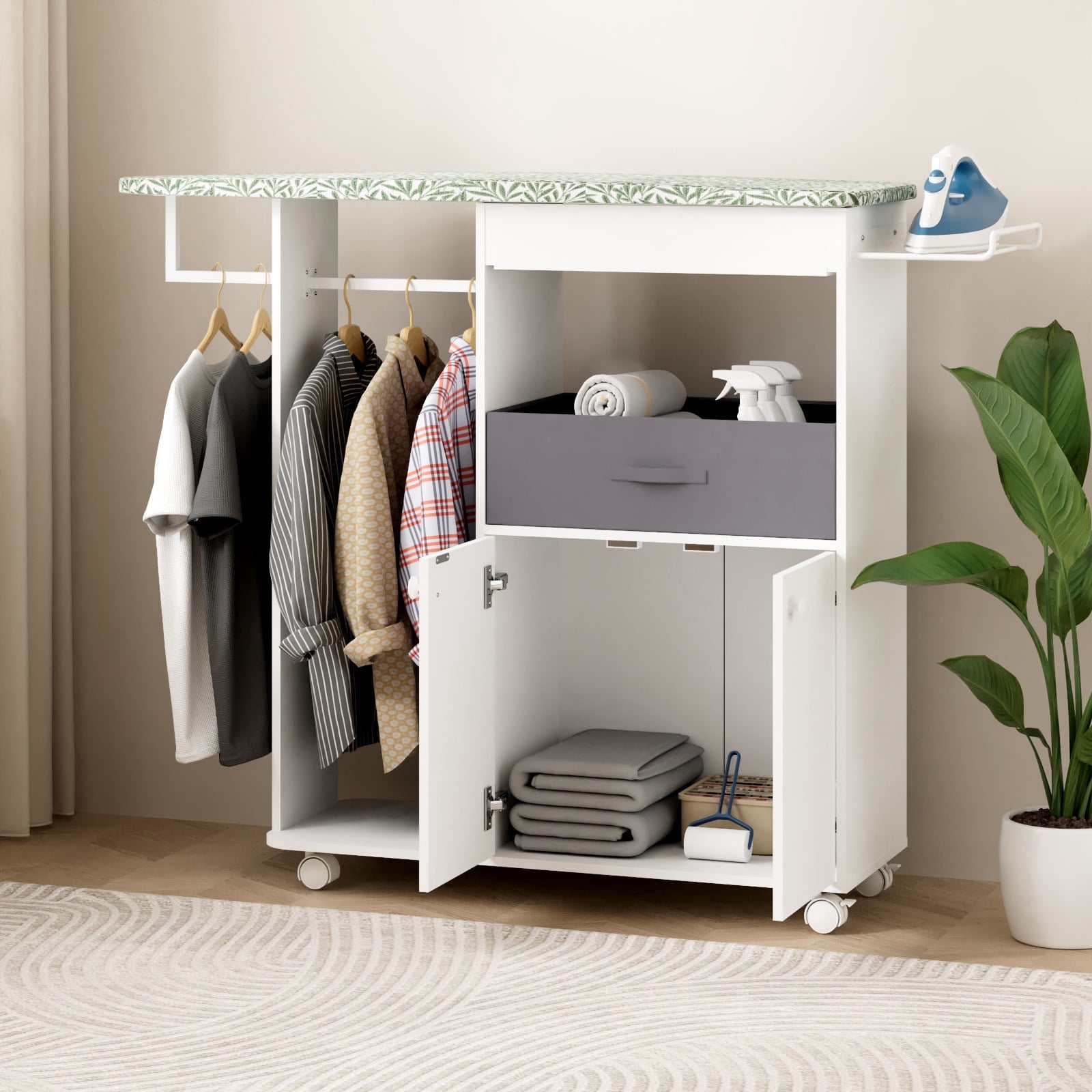 Advwin Rolling Ironing Board with Storage Cabinet, Drawer and Iron Rest ...