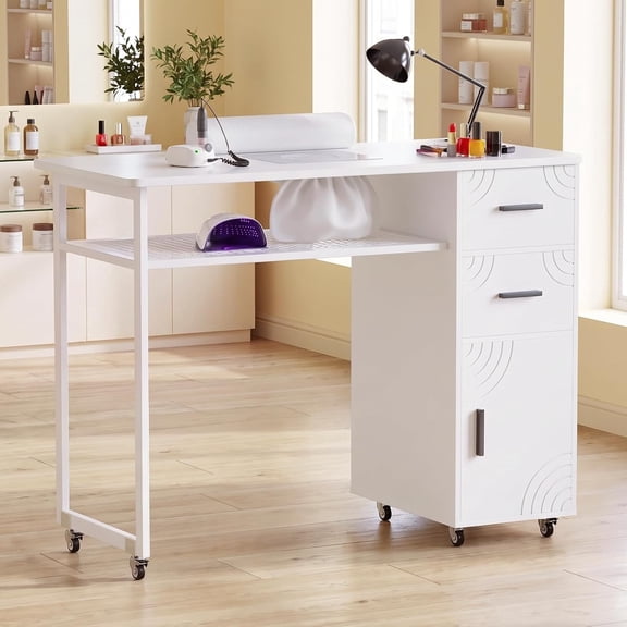 Advwin Rolling Manicure Table with Dust Collector, 2 Drawers, Cabinet & Wrist Rest, Portable Nail Salon Desk for Nail Technicians, Nail Workstationi for Home Salon, Beauty Studio, White