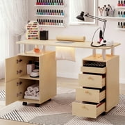 Advwin Rolling Manicure Table with Dust Collector, LED Lights & Wrist Rest, Beauty Salon Workstation Nail Desk for Nail Tech, Nail Technician Desk for Salon or Home Use, Champagne