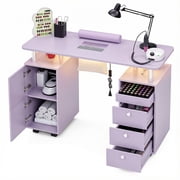Advwin Rolling Manicure Table with Dust Collector, LED Lights & Wrist Rest, Beauty Salon Workstation Nail Desk for Nail Tech, Nail Technician Desk for Salon or Home Use, Purple