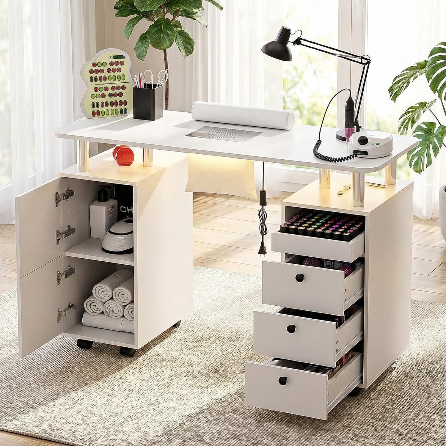 Advwin Rolling Manicure Table with Dust Collector, LED Lights & Wrist Rest, Beauty Salon Workstation Nail Desk for Nail Tech, Nail Technician Desk for Salon or Home Use, White