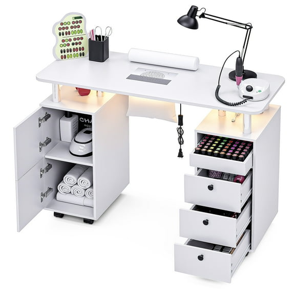 Advwin Rolling Manicure Table with Dust Collector, LED Lights & Wrist Rest, Beauty Salon Workstation Nail Desk for Nail Tech, Nail Technician Desk for Salon or Home Use, White