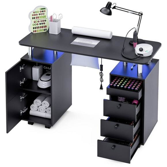 Advwin Rolling Manicure Table with Dust Collector, LED Lights & Wrist Rest, Beauty Salon Workstation Nail Desk for Nail Tech, Nail Technician Desk for Salon or Home Use, Black