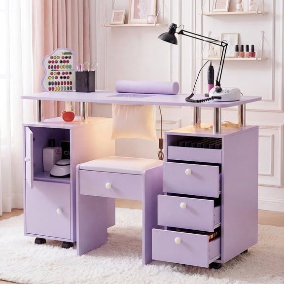 Advwin Rolling Manicure Table Set with Upholstered Storage Stool, Dust Collector & LED Lights, Professional Nail Tech Desk with Wheels, Nail Technician Workstation for Salon or Home Use, Purple