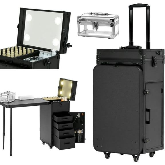 Advwin Rolling Portable Manicure Table with Foldable Desk, Mobile Nail Station with LED Mirror, Wrist Rest, Acrylic Case & 4 Drawers, Travel Makeup Train Case Cosmetic Trolley on Wheels, Black