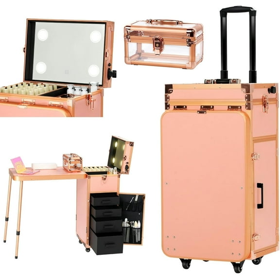 Advwin Rolling Portable Manicure Table with 4 Drawers, LED Mirror, Wrist Rest & Nail Polish Organizer, Lockable Makeup Train Case with Foldable Nail Desk, Cosmetic Trolley for Technicians, Rose Gold