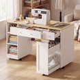 thumbnail image 1 of Advwin Rolling Sewing Craft Table with Storage, Pull-Out Cabinet & Large Drawer, Sewing Desk with Locking Wheels for Home Studio, White+Wood, 1 of 13