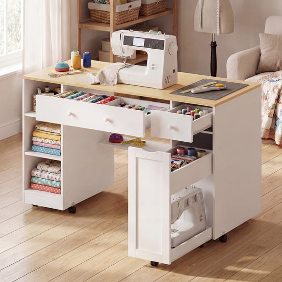 Advwin Rolling Sewing Craft Table with Storage, Pull-Out Cabinet & Large Drawer, Sewing Desk with Locking Wheels for Home Studio, White+Wood
