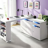 Advwin Rotating L-Shaped Manicure Table with Dust Collector, LED Light, Storage Cabinets & Shelves, Modern Nail Desk for Nail Tech, Space-Saving Manicure Workstation for Salon or Home, White