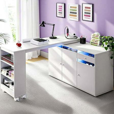 Advwin Rotating L-Shaped Manicure Table with Dust Collector, LED Light, Storage Cabinets & Shelves, Modern Nail Desk for Nail Tech, Space-Saving Manicure Workstation for Salon or Home, White