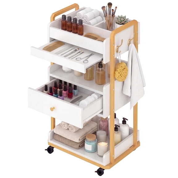 Advwin Salon Spa Rolling Cart with Drawer & Side Hooks, 3-Tier Beauty Storage Trolley with Slide-Out Tray, Mobile Esthetician Cart for Facial Room, Beauty Salon, Spa, Tattoo & Home Use, White