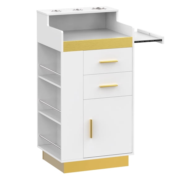 Advwin Salon Station for Hair Stylist, Barber Station with 2 Drawers, Tool Holders, Slide-Out Tray & Cabinet, Salon Storage Systems Hair Styling Station for Barbershop, Beauty Salon & Home, White