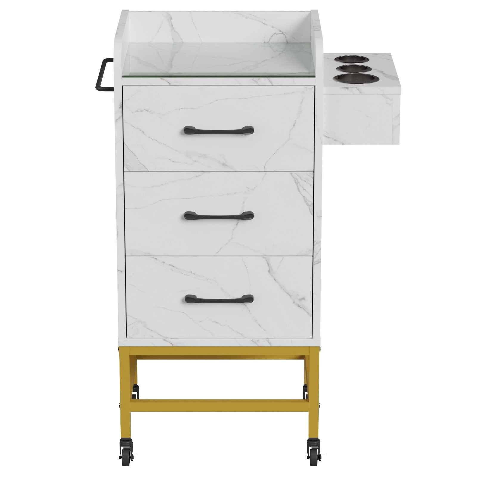 Advwin Salon Station Storage Cabinet, Glass Top Salon Trolley Cart with Wheels and 3 Alloy Hair Dryer Holders