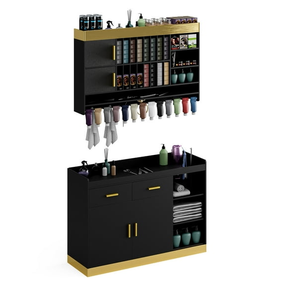 Advwin Salon Station Color Bar Cabinet Set, Wall Mounted & Free Standing Barber Station with Adjustable Shelves, Raised Edges & Drawers, Hair Color Storage Organizer for Salon Display