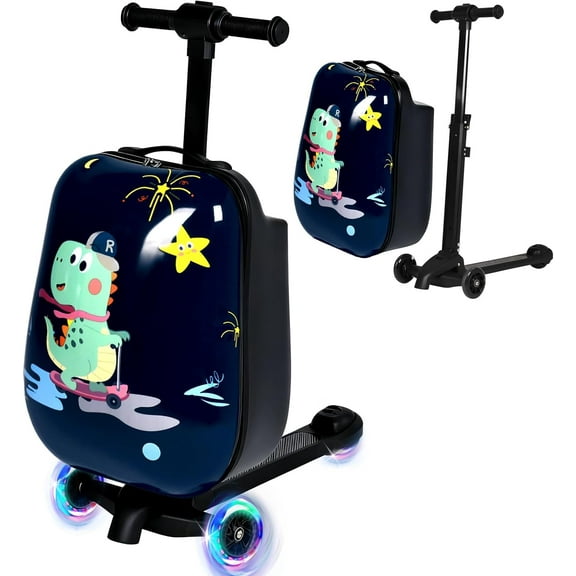Advwin Scooter Luggage for Kids & Adults, 4-in-1 Detachable Foldable Hardside Ride on Suitcase with LED Wheels, Dinosaur Design Travel Luggage, Convertible Backpack Luggage, Dark Blue