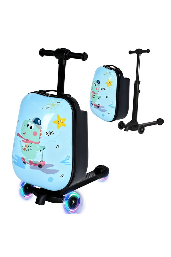 Scooter Luggage for Kids & Adults, 4-in-1 Detachable Foldable Hardside Ride on Suitcase with LED Wheels, Dinosaur Design Travel Luggage, Convertible Backpack Luggage, Light Blue