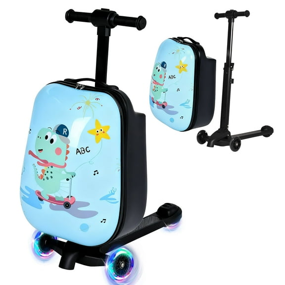 Advwin Scooter Luggage for Kids & Adults, 4-in-1 Detachable Foldable Hardside Ride on Suitcase with LED Wheels, Dinosaur Design Travel Luggage, Convertible Backpack Luggage, Light Blue