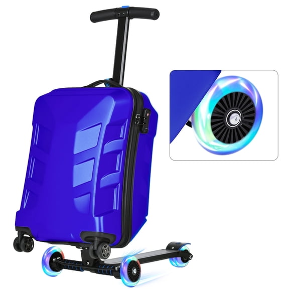 Advwin Scooter Suitcase for Kids & Adults, 3-D Hardshell Ride On Scooter Luggage with LED Light Up Wheels, TSA Lock, Lightweight Foldable Carry On Rideable Suitcase for Children Teenagers, Blue