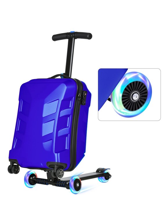 Scooter Suitcase for Kids & Adults, 3-D Hardshell Ride On Scooter Luggage with LED Light Up Wheels, TSA Lock, Lightweight Foldable Carry On Rideable Suitcase for Children Teenagers, Blue
