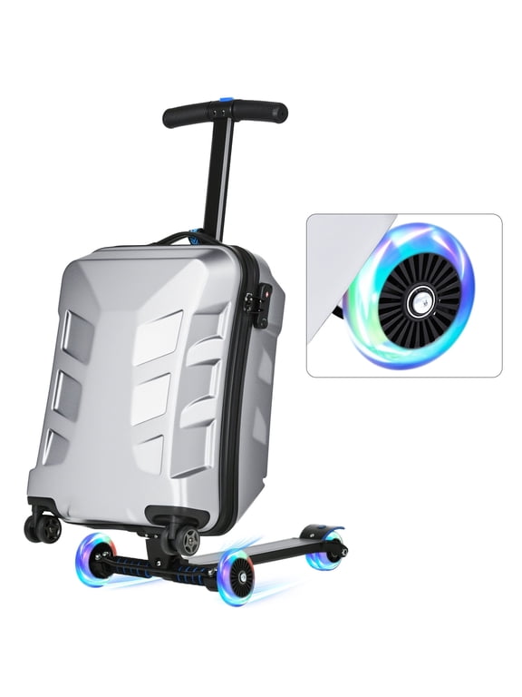 Scooter Suitcase for Kids & Adults, 3-D Hardshell Ride On Scooter Luggage with LED Light Up Wheels, TSA Lock, Lightweight Foldable Carry On Rideable Suitcase for Children Teenagers, Silver