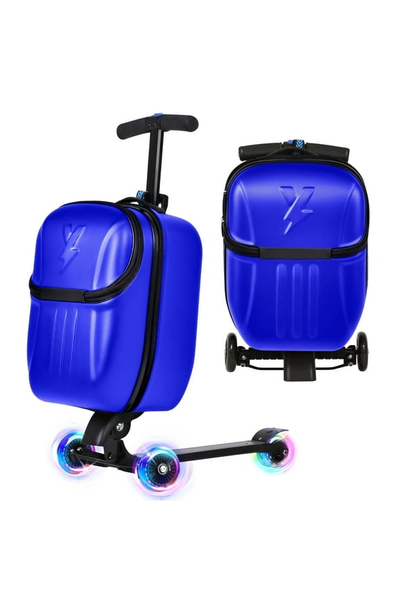 Scooter Suitcase with Top Opening & LED Light-up Wheel, Lightweight Hardshell Foldable Ride-On Luggage with Adjustable Handle for Travel, Blue