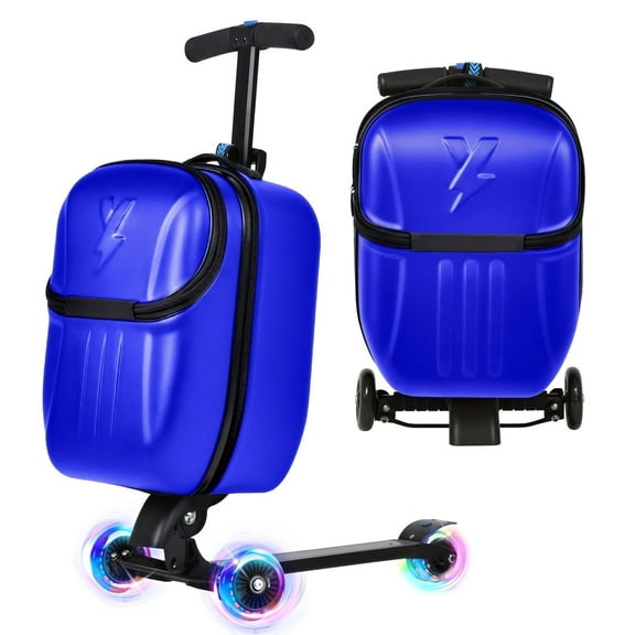 Advwin Scooter Suitcase with Top Opening & LED Light-up Wheel, Lightweight Hardshell Foldable Ride-On Luggage with Adjustable Handle for Travel, Blue