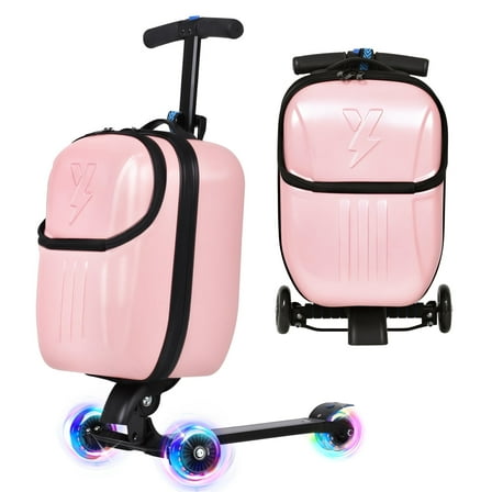 Advwin Scooter Suitcase with Top Opening & LED Light-up Wheel, Lightweight Hardshell Foldable Ride-On Luggage with Adjustable Handle for Travel, Pink