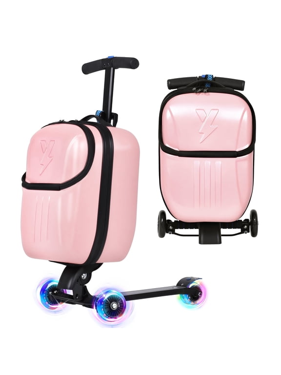 Scooter Suitcase with Top Opening & LED Light-up Wheel, Lightweight Hardshell Foldable Ride-On Luggage with Adjustable Handle for Travel, Pink