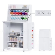 Advwin Sewing Cabinet with Foldable Tabletop, Thread Organizer Shelves, LED Light & Charging Station, Space-Saving Craft Table for Sewing, Quilting, Sewing Station for Small Spaces, White