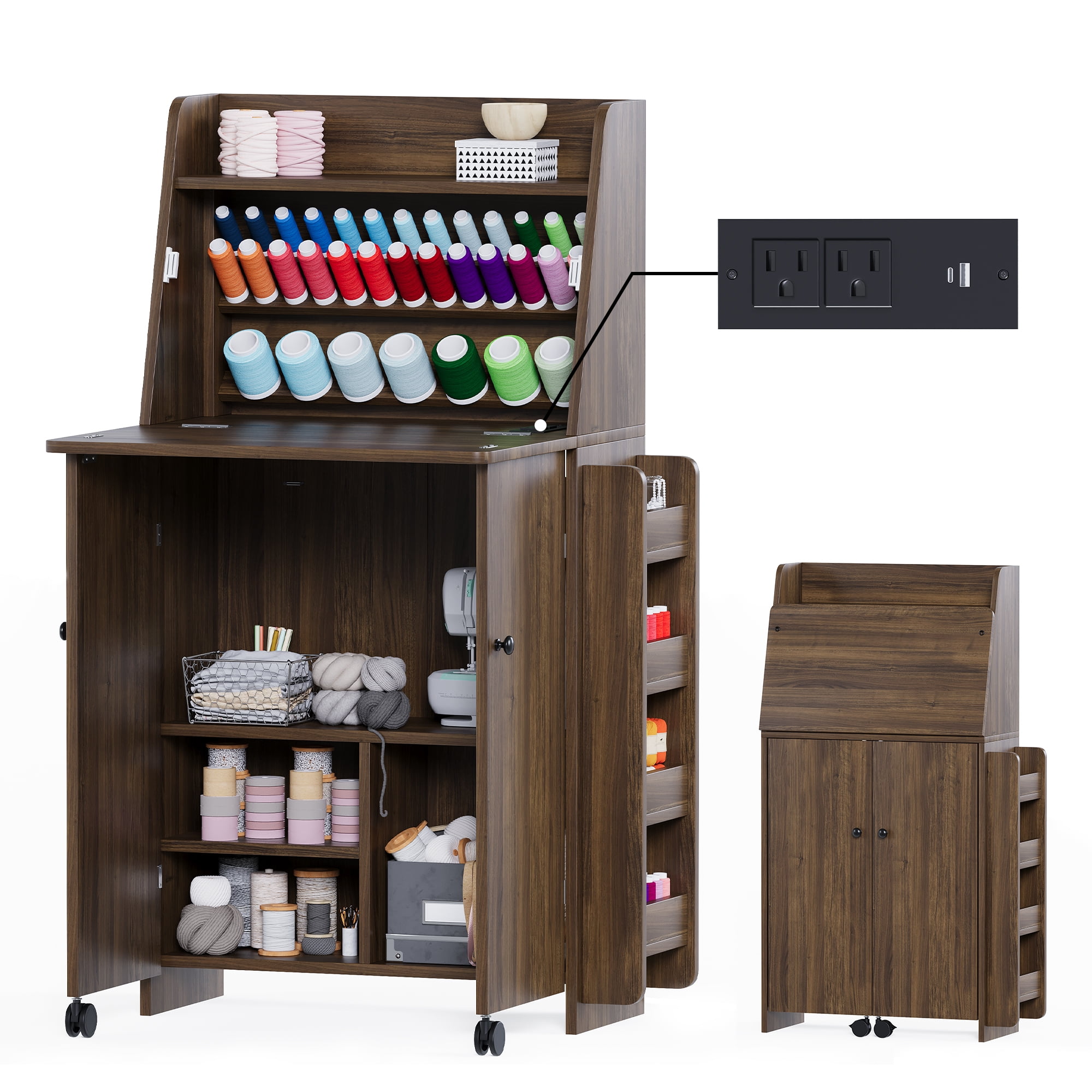 Advwin Sewing Cabinet with Foldable Tabletop, Thread Organizer Shelves, LED Light & Charging Station, Space-Saving Craft Table for Sewing, Quilting, Sewing Station for Small Spaces, Walnut