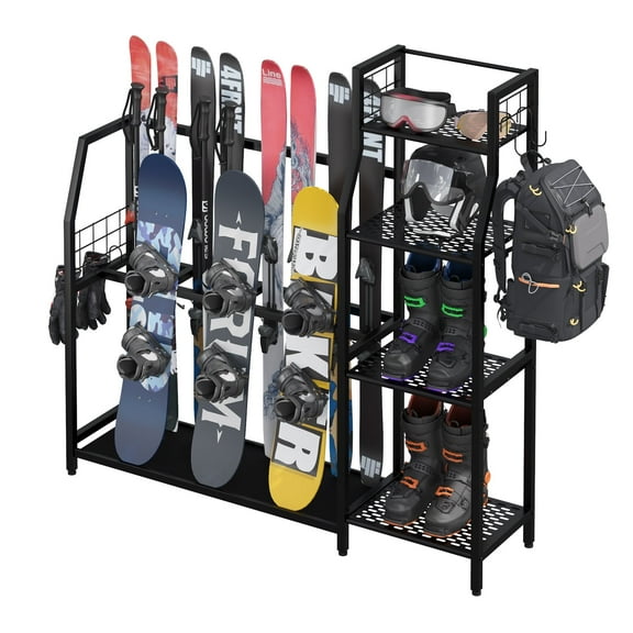 Advwin Ski & Snowboard Storage Rack with Adjustable Shelves & Hooks, Winter Sports Organizer for Boots, Poles, Helmets & Goggles, Heavy-Duty Freestanding Ski Rack for Home & Garage