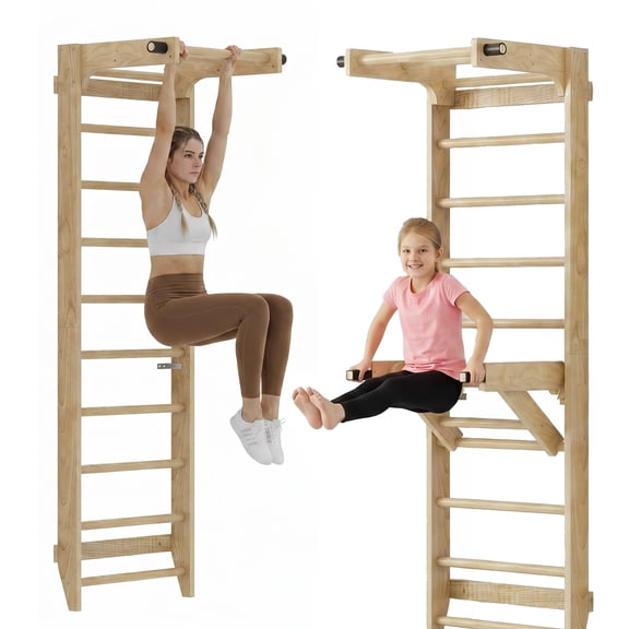 Advwin Swedish Ladder Wall Gym with Adjustable Foldable Pull-Up Bar, Solid Wood Wall Mounted Stall Bar, Stretching Ladder for Home Gym, Gymnastics Training