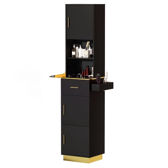 Advwin Tall Salon Station for Hair Stylist, Barber Storage Cabinet with 6 Tool Holders, Drawer, Open Shelves & 3 Cabinets, Hair Styling Station for Barbershop, Salon & Spa, Black