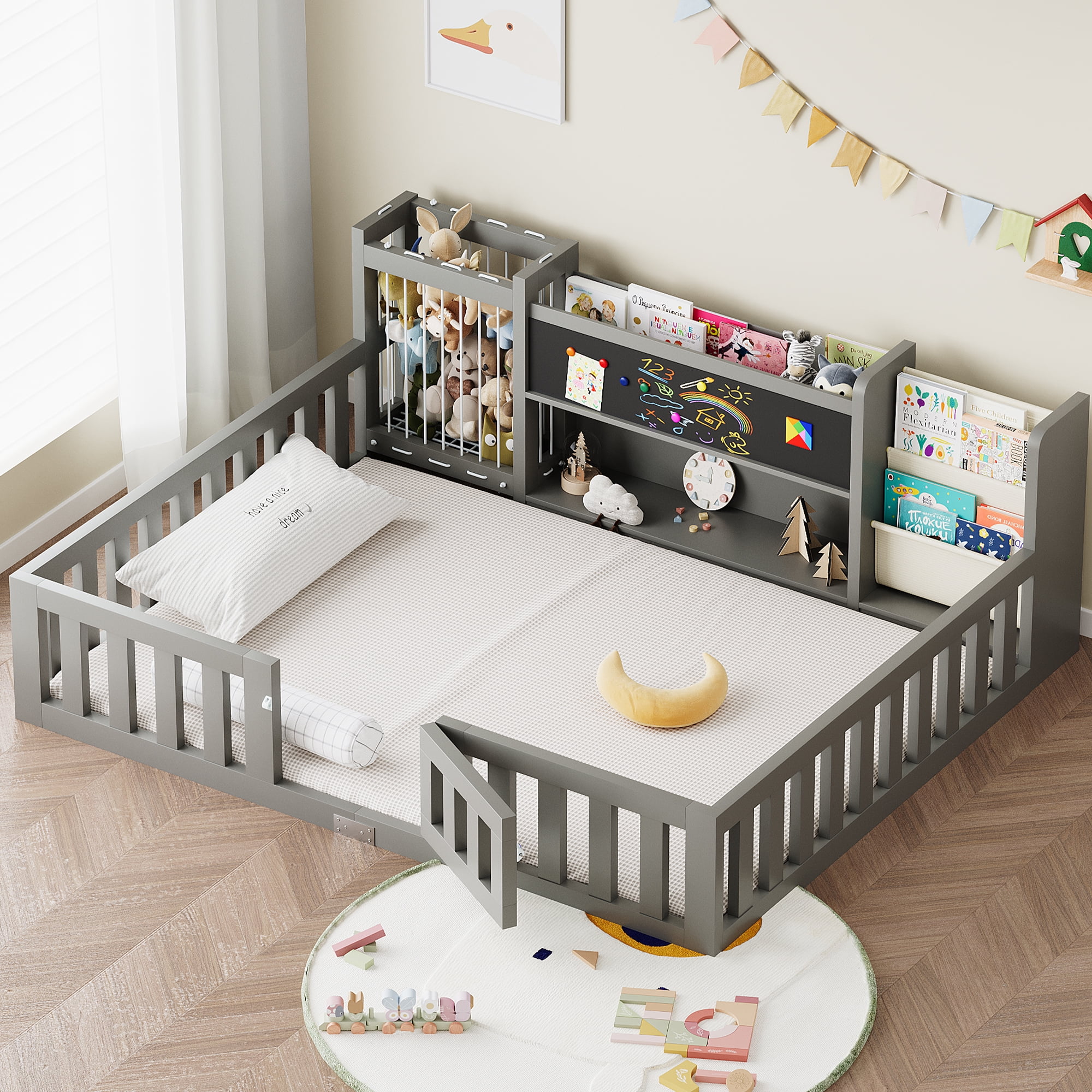 Advwin Twin Floor Bed with Gate, Safety Rails, Blackboard, Bookshelf ...