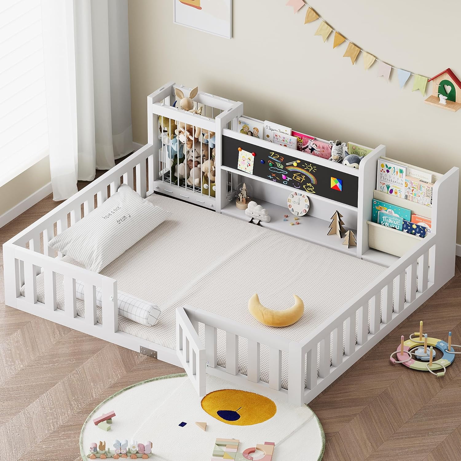 Advwin Twin Floor Bed with Gate, Safety Rails, Blackboard, Bookshelf ...