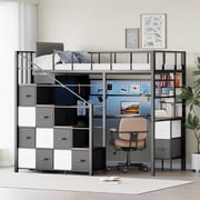 Advwin Twin Size Loft Bed with Desk, Stairs, Closet & 12 Fabric Drawers, Metal Gaming Loft Bed with LED Lights, Charging Station & Guardrail, Space-Saving Bed for Bedroom, Dorm, Black+Rustic Brown
