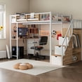 thumbnail image 1 of Advwin Twin Size Loft Bed with Desk and Stairs, Headboard, Wardrobe, Bedside Storage Shelf, 6 Drawers, Charging Station & LED Light, Metal Gaming Loft Bed Frame, White+Oak, 1 of 10